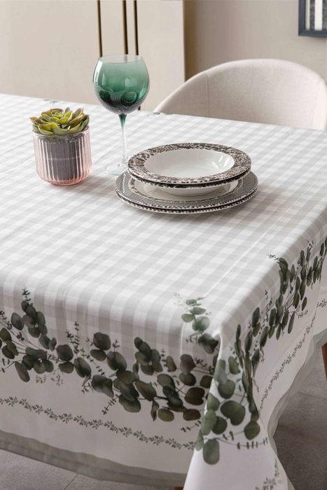 Hermia Eucalyptus 200 Mantel 100% Algodón Verde y Blanco 150 x 200 cm 120 gr/m2